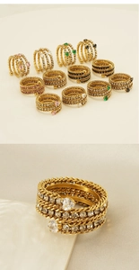 Detailed macro view of 18k gold multi-layer ring with colorful heart shaped zircon stones