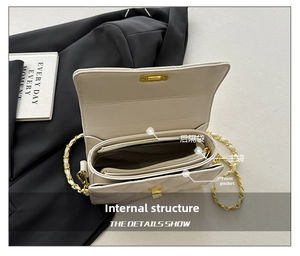 Detail view of the interior structure with three compartments and golden metal clasp