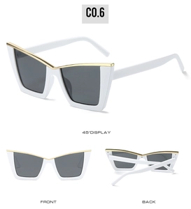 Three-view display of white cat-eye sunglasses with gold metal trim and dark grey lenses
