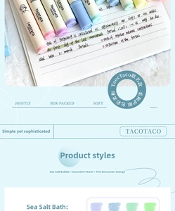 Detail of TACOTACO mild macaron highlighters set on a notebook for planning