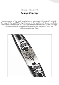 Detailansicht eines geflochtenen PU-Lederarmbands mit gravierter Wolfskopf-Metallplatte
