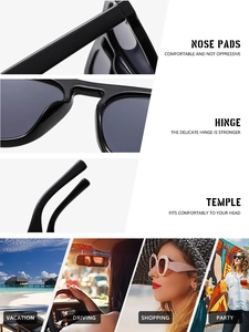 Detailed views of black oversized sunglasses showing hinges and lifestyle scenarios