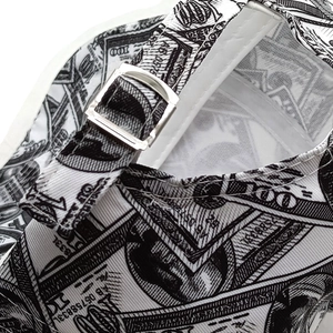 Detail of adjustable metal buckle and 100 dollar bill print on baseball cap back