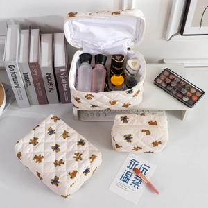 Quilted cotton travel cosmetic bag set with cute bear print and large capacity storage
