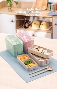 Three-layer eco-friendly wheat straw bento lunch boxes with multi-tier stacking and utensils
