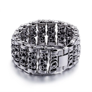 Mens punk 35mm wide skull bracelet in retro silver stainless steel with heavy duty clasp