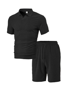 Detail of black vertical striped texture on men's polo and shorts casual sport set