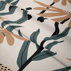 Detailed macro view showing the soft suede-like texture and abstract floral print of the tapestry