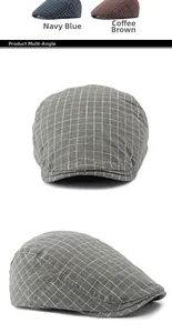 Detail of plaid cotton flat caps in navy, coffee, and grey with fine vintage textures