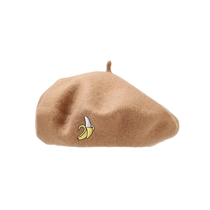 Japanese style khaki beret for women featuring cute banana embroidery on wool fabric