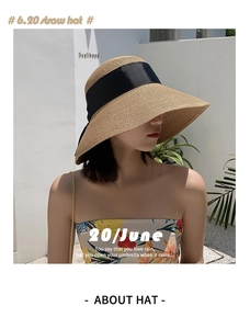 Close-up of wide brim straw hat with elegant black ribbon and decorative typography
