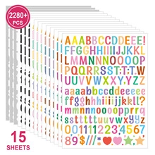 Detailed view of 2280+ pieces alphabet and number stickers set in 15 colorful sheets