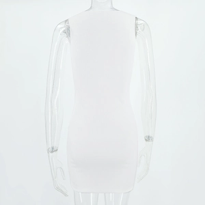 Back view of a white ribbed slim-fit sleeveless dress showing high-quality fabric texture