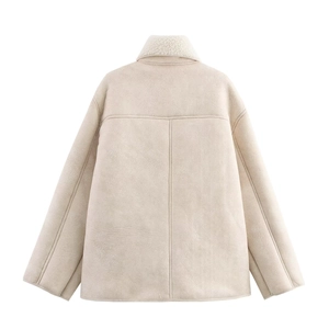Back view of cream shearling aviator jacket featuring faux suede and dropped shoulders