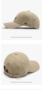 Detail view of khaki baseball cap with navy FM embroidery and adjustable metal buckle