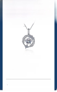 Detailed spec sheet for s925 silver feather necklace featuring a dancing moissanite stone