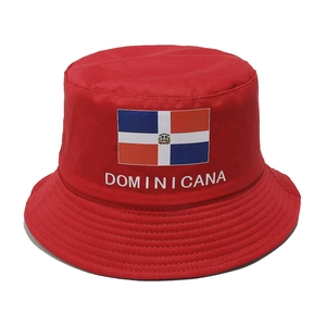 Close-up of red Dominican Republic flag bucket hat with DOMINICANA print and stitching