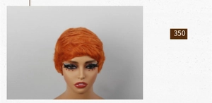Close-up of bright orange pixie cut short human hair wig on a mannequin head