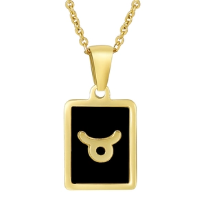Detailed macro of 18K gold plated Taurus zodiac pendant on black base necklace