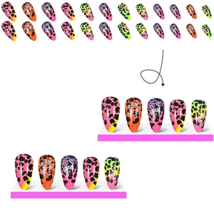 Long almond press-on nails with leopard print, glitter accents, and colorful designs