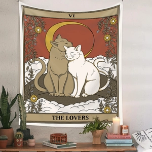 Detail view of The Lovers tarot cat tapestry with floral patterns and sun moon elements