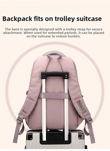 Detail view of pink backpack with luggage strap fixed on silver suitcase handle