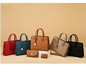 Detailed set of fashion tote bags with matching wallets in premium litchi grain leather