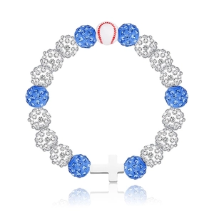 Detail of baseball bead bracelet with blue rhinestone spheres and silver cross charm