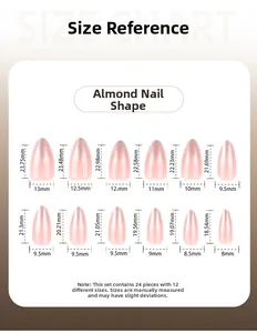 Size chart for pink gradient almond press-on nails showing 12 sizes with measurements