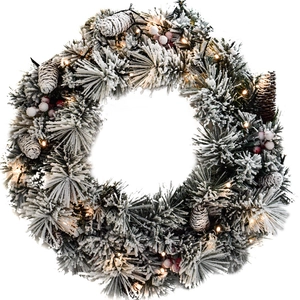 Lush snow-flocked Christmas wreath with pine cones, red berries, and warm LED lights