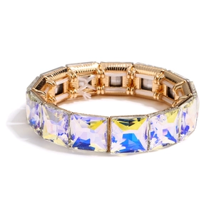 Elastic alloy bracelet featuring square iridescent AB crystals in gold-tone setting