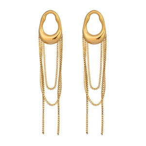 French vintage geometric tassel stud earrings in gold with dangling multi-layer metal chains