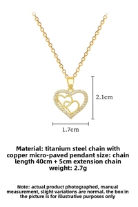 Detail view of double heart necklace with dimensions 2.1x1.7cm and zircon inlay