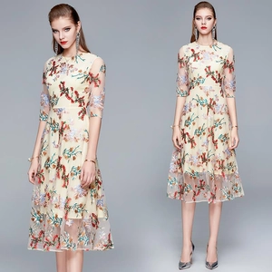 Elegant Women Midi Mesh Dress Multi-Color Floral Embroidered Round Neck High Waist Vintage Style Evening Party Dress