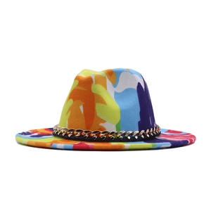 Fashionable colorful graffiti wide brim wool jazz fedora hat with gold chain decoration