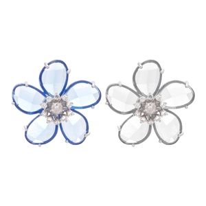 Zircon crystal flower ear clips in blue and silver, minimalist floral jewelry for women