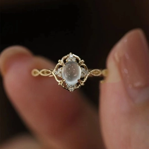 Vintage Oval Moonstone Adjustable Ring Copper Hollow Woven Shank Elegant Luxury Jewelry For Women