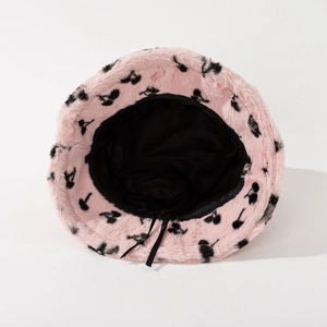 Pink plush bucket hat with cherry print and adjustable inner drawstring lining