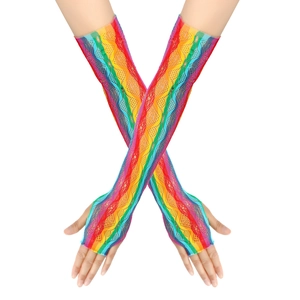 Detail of colorful rainbow fishnet mesh long fingerless gloves with elastic wavy texture