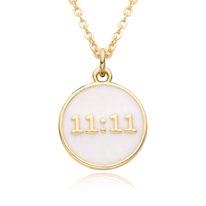 18K gold plated necklace with a white enamel 11:11 lucky number pendant on white background