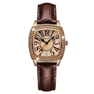 Women Tonneau Quartz Watch Rhinestone Bezel Date Calendar Retro Elegant Leather Strap Fashion Wristwatch