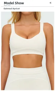 Detailed view of oatmeal apricot yoga bra with U-shaped back and premium brushed fabric