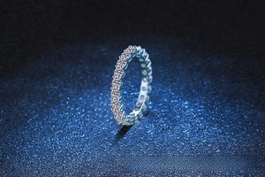 Close-up of S925 sterling silver eternity band with 2.2 carat moissanite stones