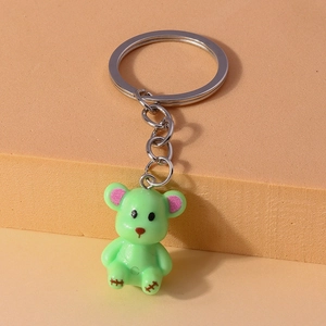 Detailed close-up of a cute mint green bear keychain on a pink display block