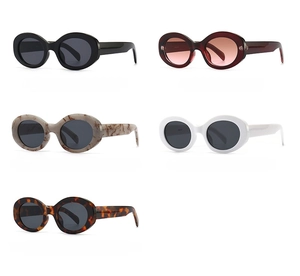 Detailed display of oval marble texture sunglasses in black, red, white, and leopard patterns
