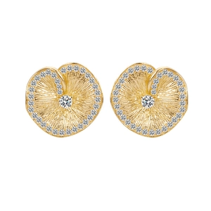 Brushed gold lotus leaf silver studs with radiant texture and halo zircon inlay
