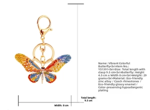 Detailed size specifications of the vivid crystal butterfly keychain with measurements