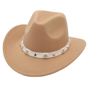 Light camel western cowboy hat with studded pearl band on a clean white background
