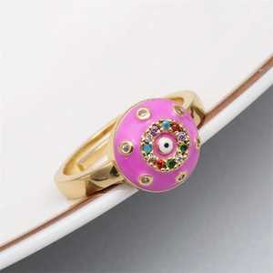 Adjustable gold evil eye ring with pink enamel and colorful zircon insets