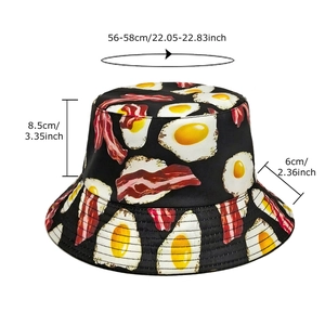 Unisex sun bucket hat with fried egg and bacon print including size measurements